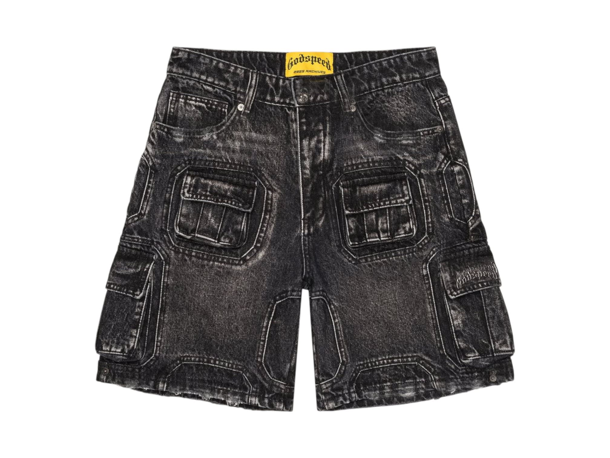 SP844 Godspeed Octagon Cargo Denim Shorts Black