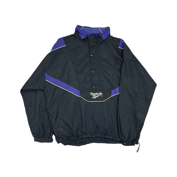 (90s) Reebok 1/2 Zip & Pouch Black/Purple Hooded Windbreaker