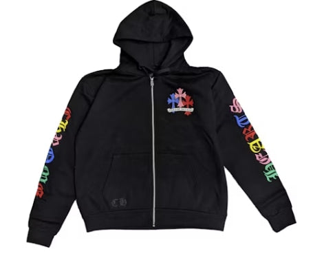604298 Chrome Hearts Multi Color Cross Cemetery Zip Up Hoodie Black