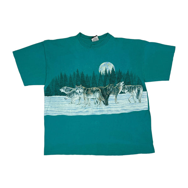 (1991) Wolf Pack Snowy Forest Wrap Around T-Shirt