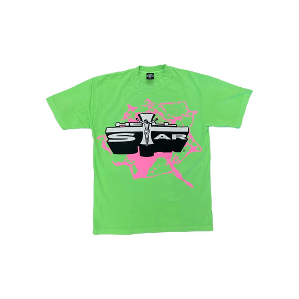 Hellstar Studios Jesus Emblem Short Sleeve Tee Shirt Green/Pink