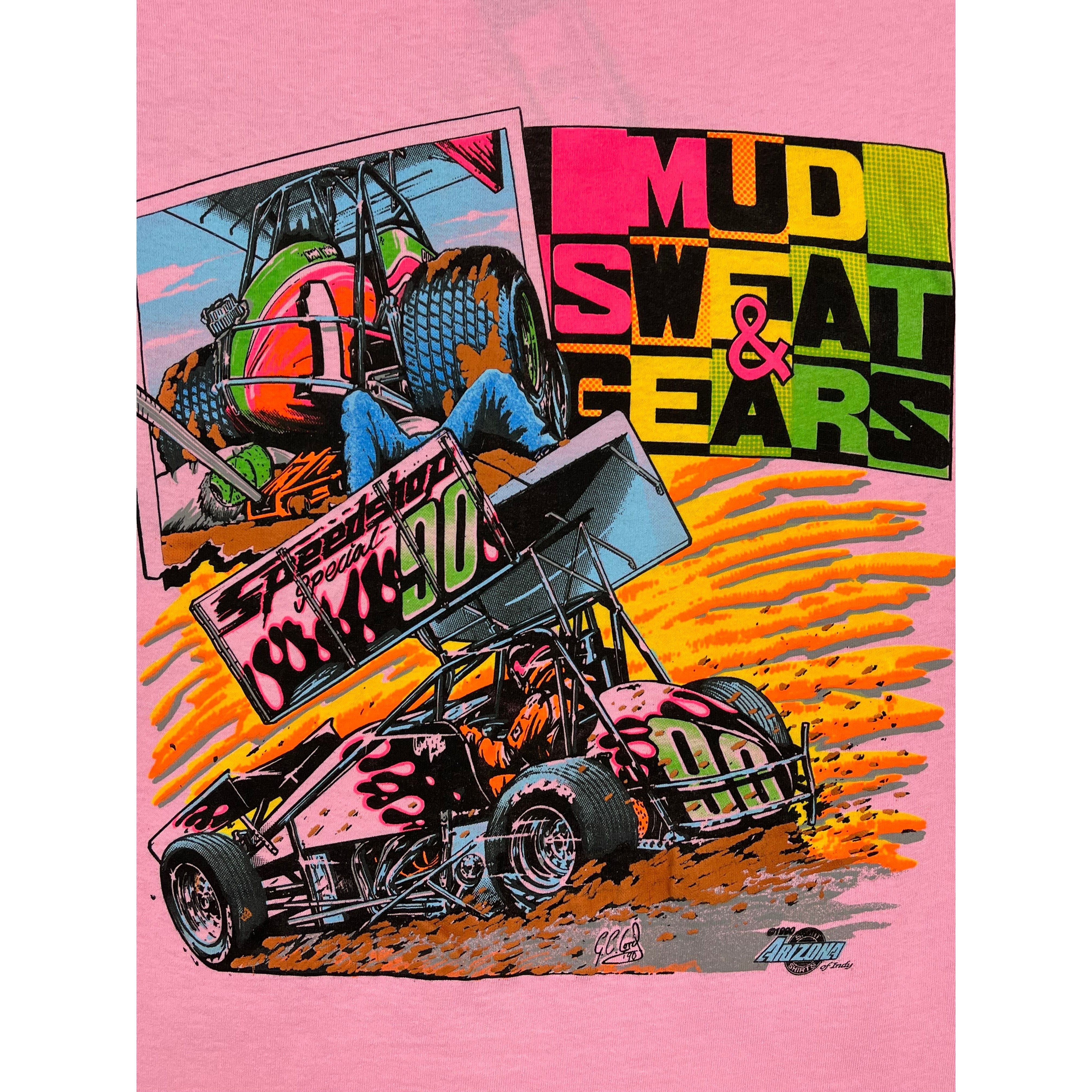 268985 (1990) Mud, Sweat, & Gears Sprint Car Dirt Racing Light Pink T-Shirt m