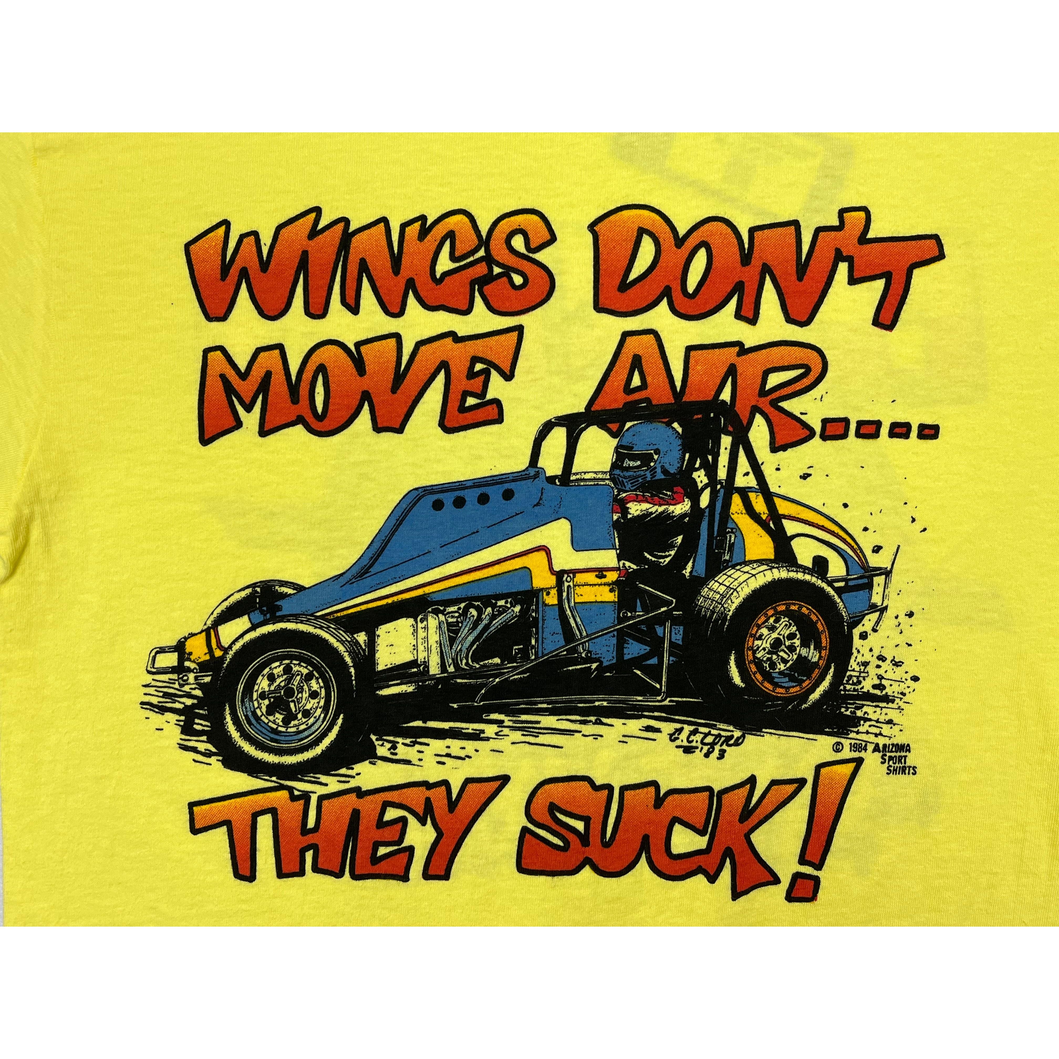 268885 (1984) Wings Don't Move Air, They Suck Sprint Car Racing Yellow T-Shirt L