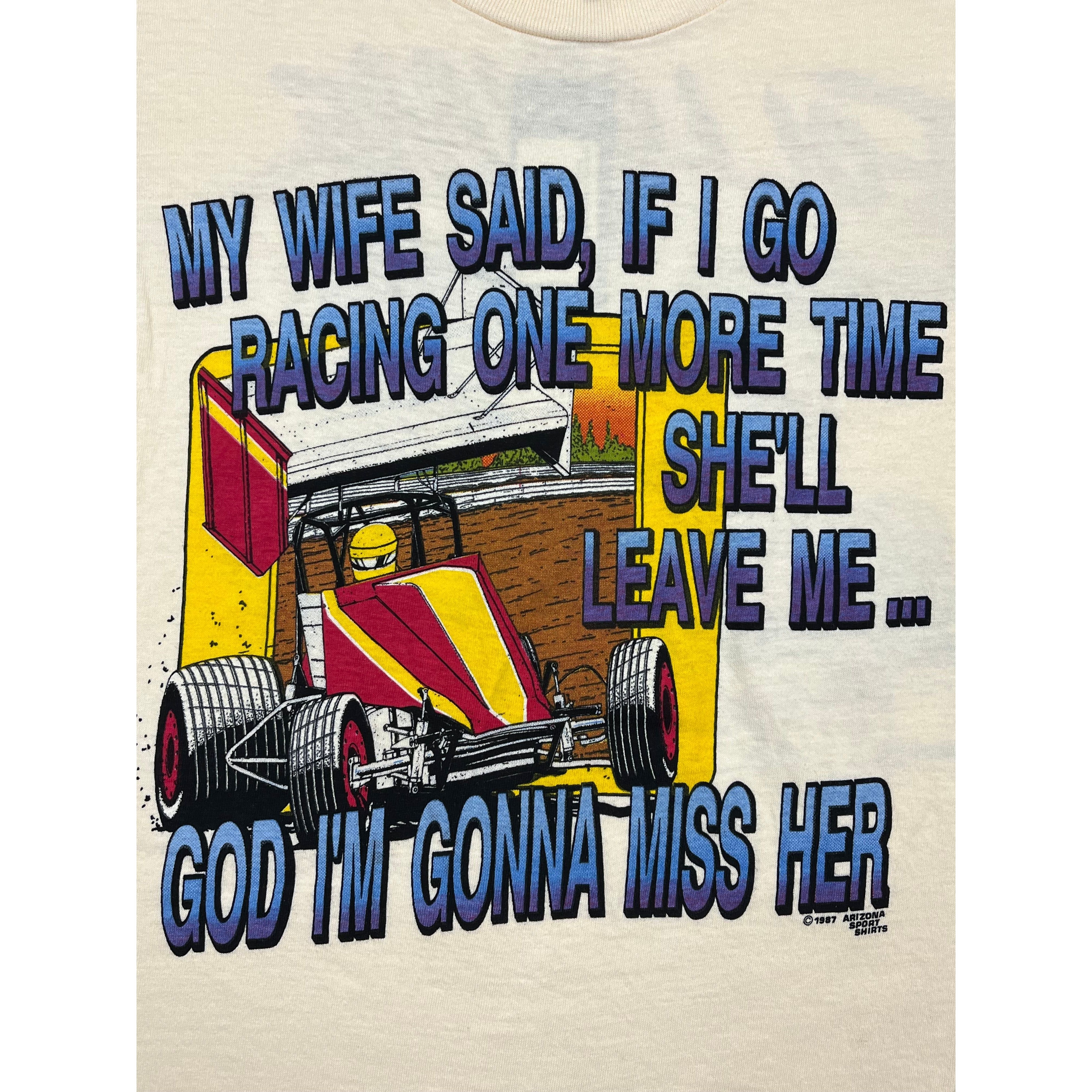 269021 (1988) I'm Gonna Miss My Wife, Sprint Car Dirt Racing Beige T-Shirt m