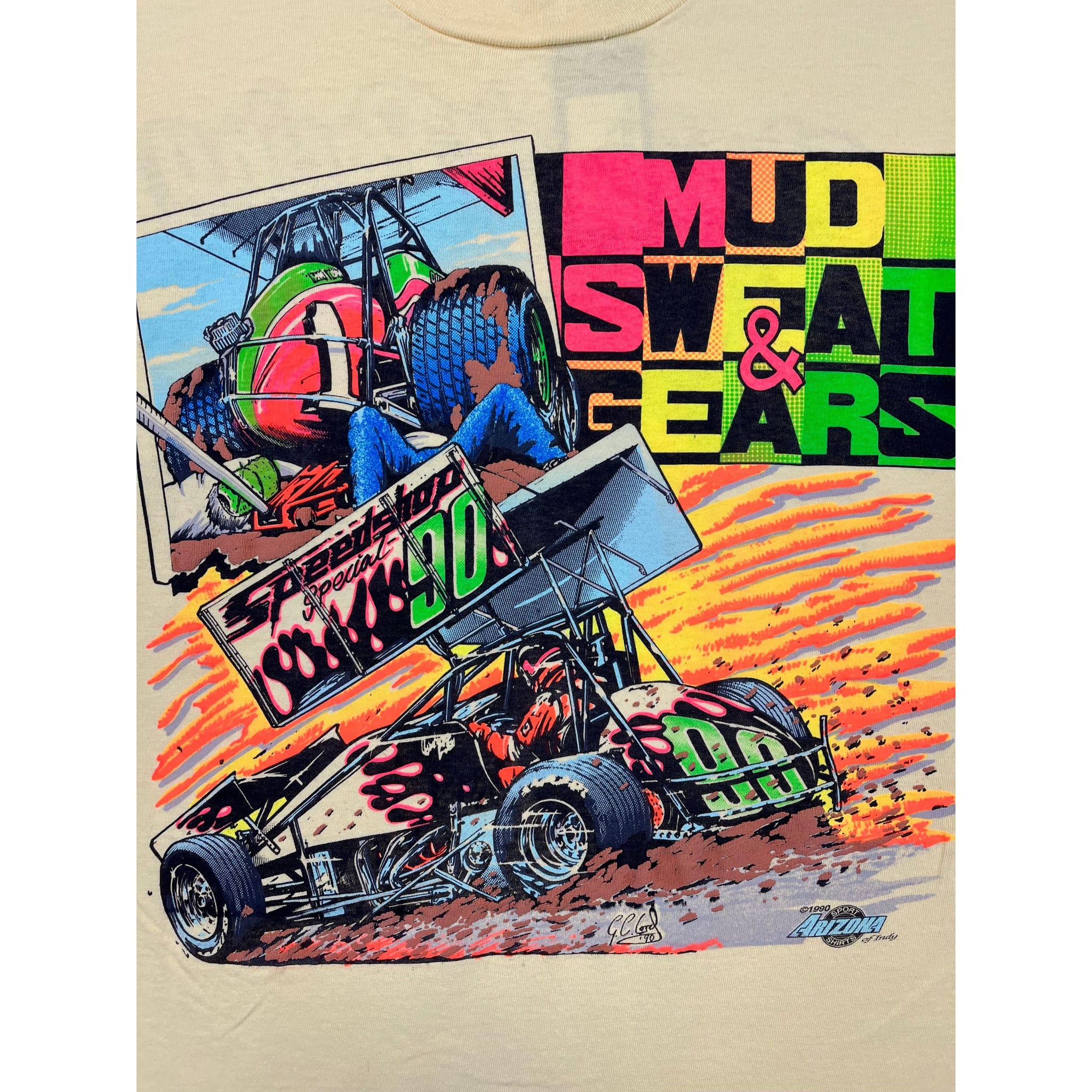 268977 (1990) Mud, Sweat, & Gears Sprint Car Dirt Racing Yellow T-Shirt