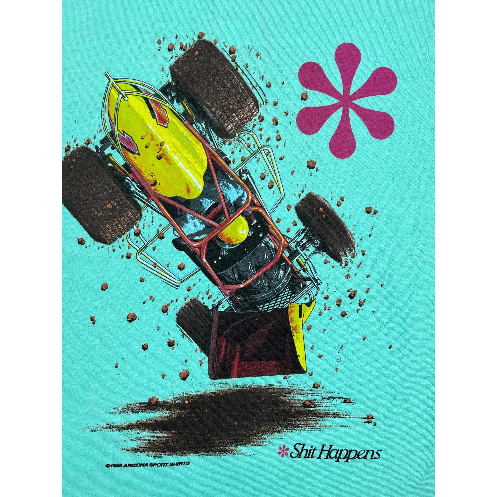 269052 (1990) Shit Happens, Sprint Car Racing Double Sided Green T-Shirt m