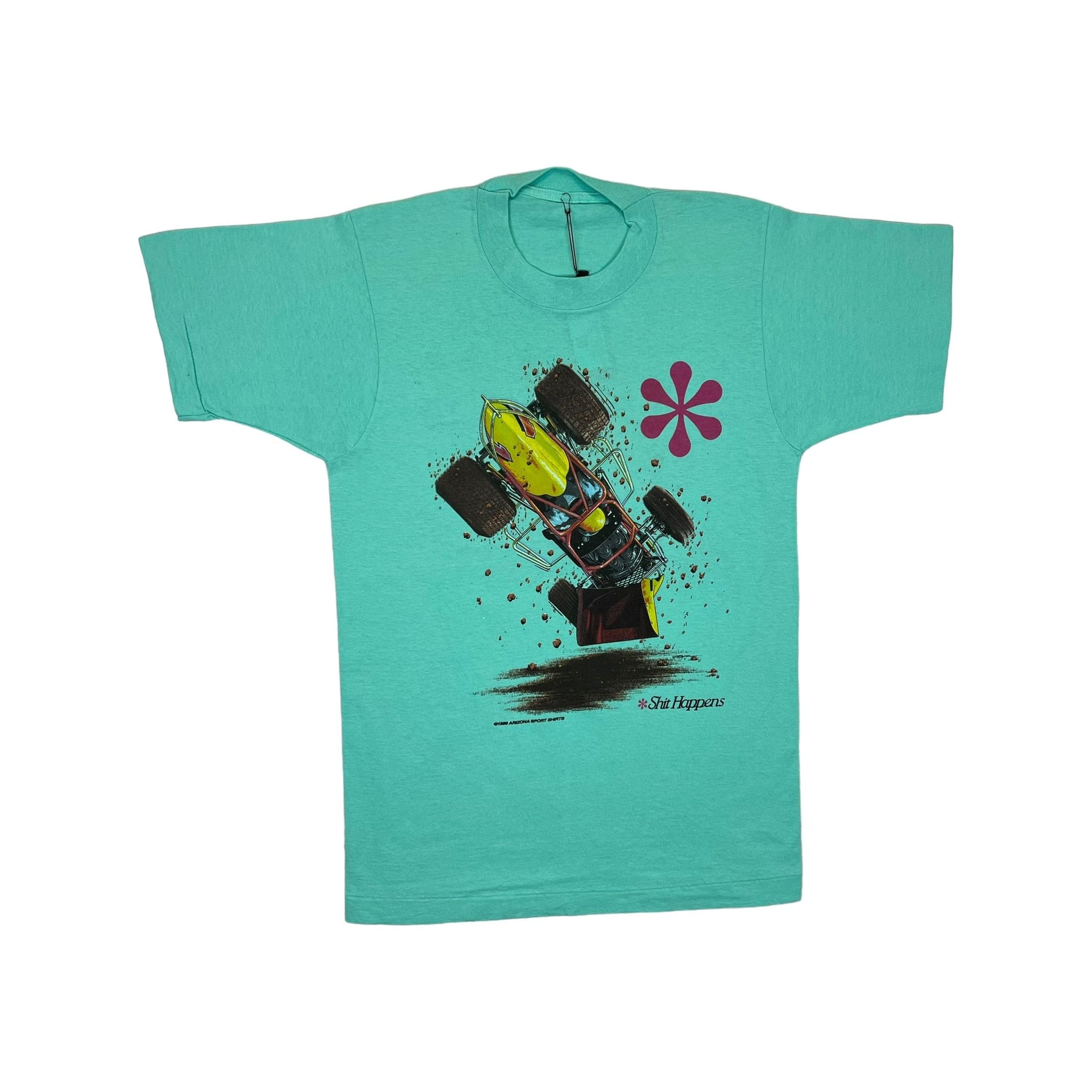 269052 (1990) Shit Happens, Sprint Car Racing Double Sided Green T-Shirt m