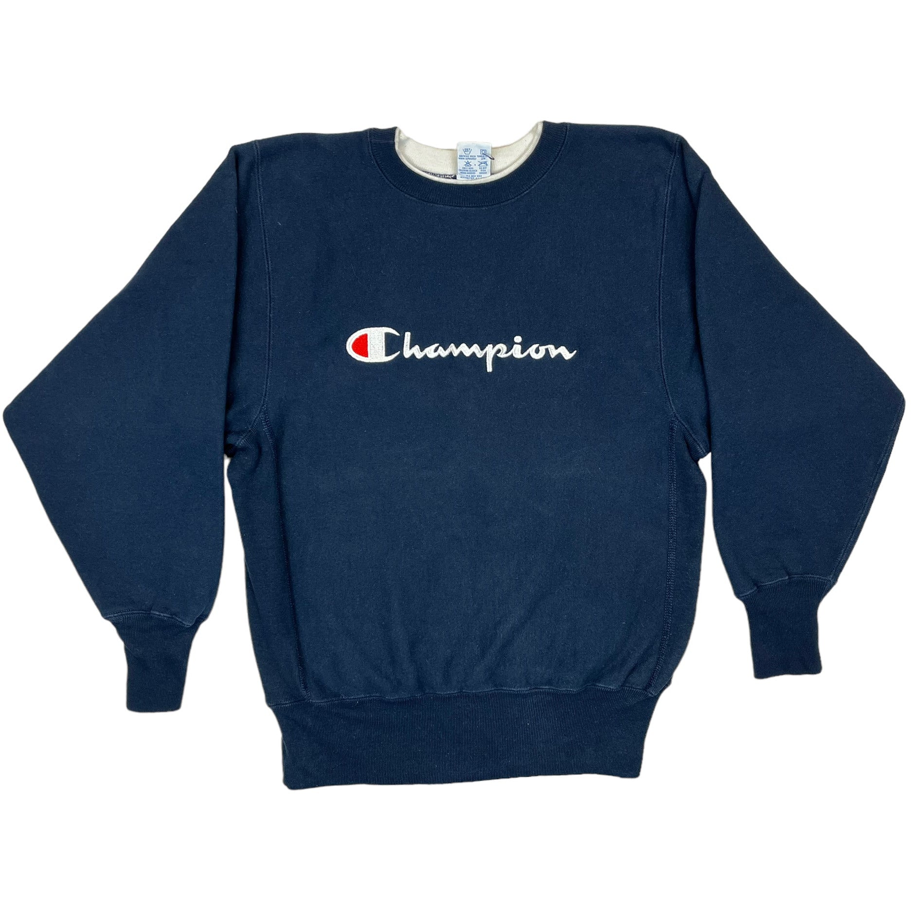 275695 (80s) Champion Spellout Reverse Weave Navy Embroidered Crewneck