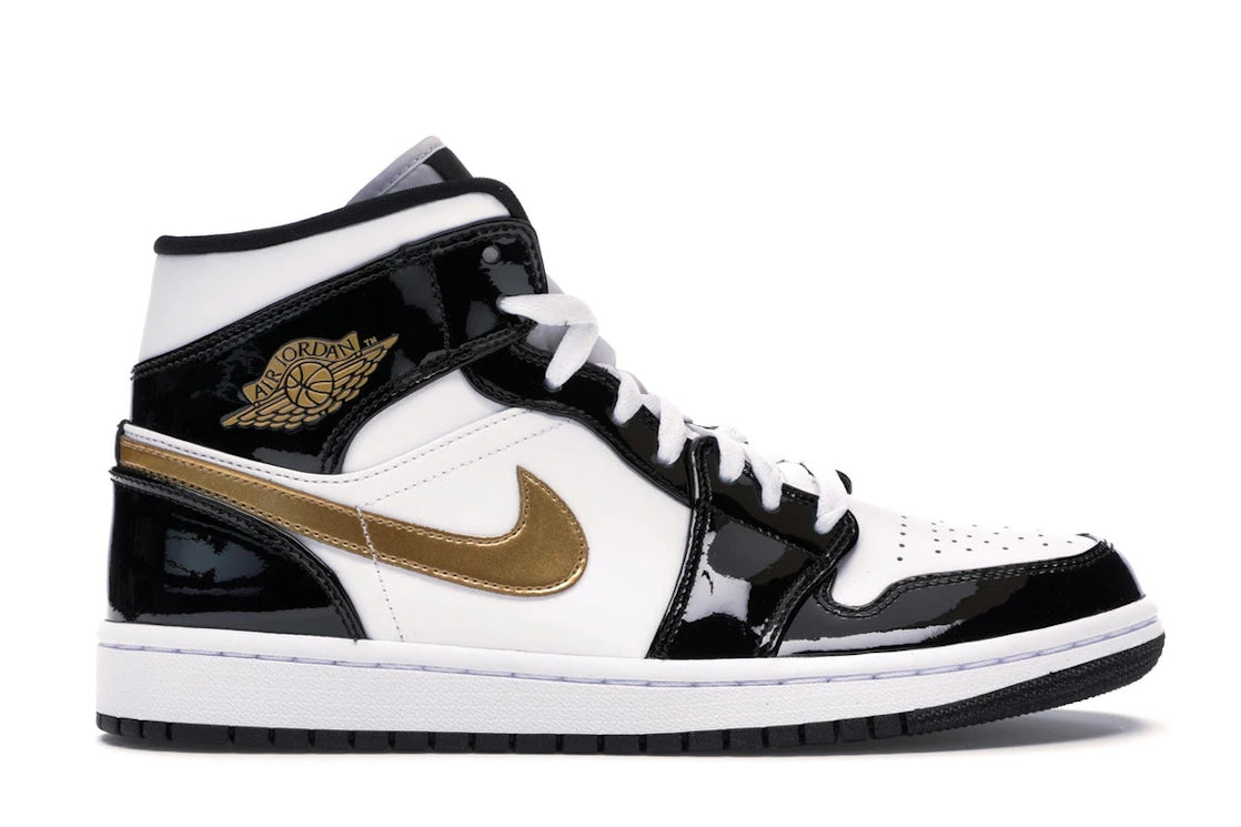 554743 Jordan 1 Mid Patent Black White Gold