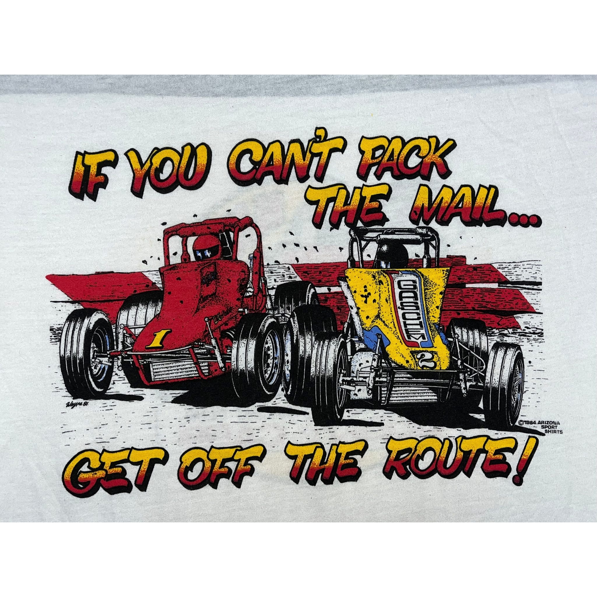 268899 (1984) Sprint Car Dirt Track Mail Racing Pun Jersey T-Shirt
