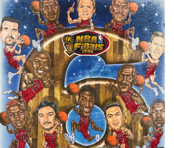 (1998) Chicago Bulls '6 Time NBA Champions' Team Caricature T-Shirt