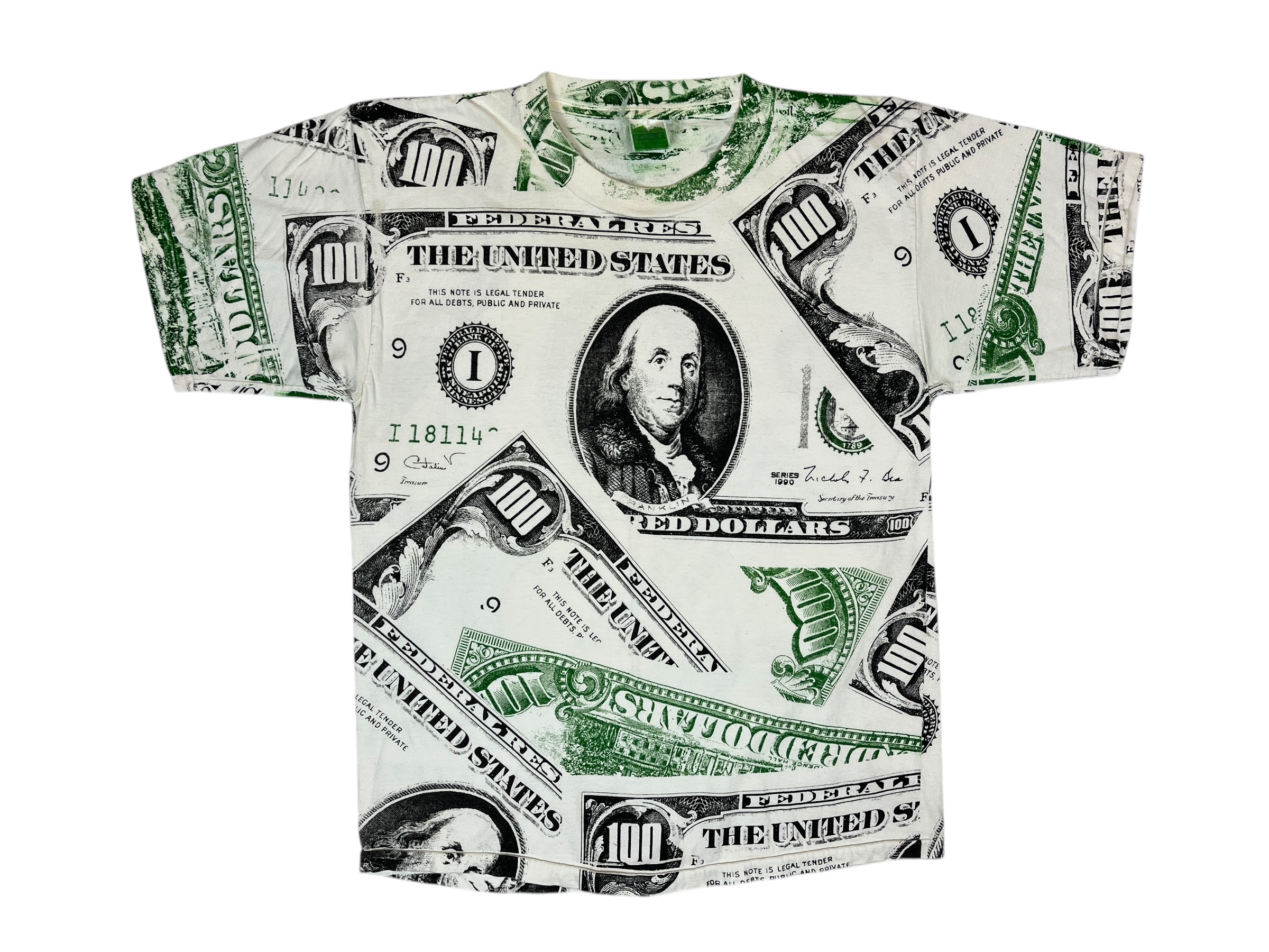 375218 (90s) $100 Bill Benjamin Franklin All Over Print Money T-Shirt