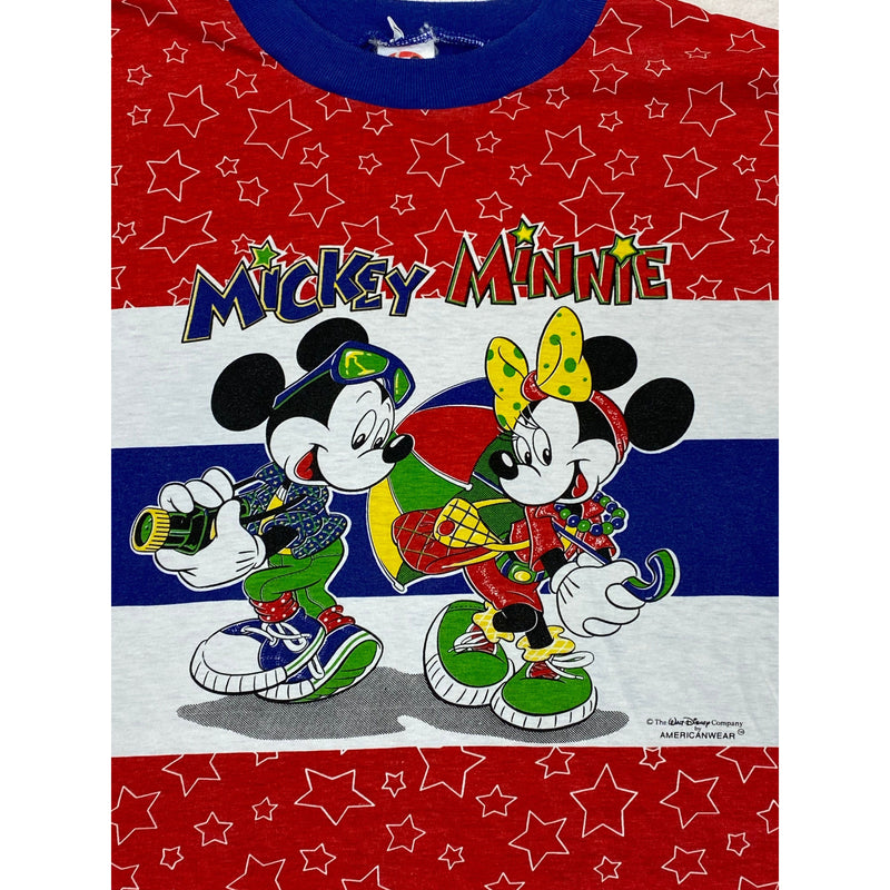 (90s) Mickey & Minnie Disney All Over Print Stars Stripes T-Shirt